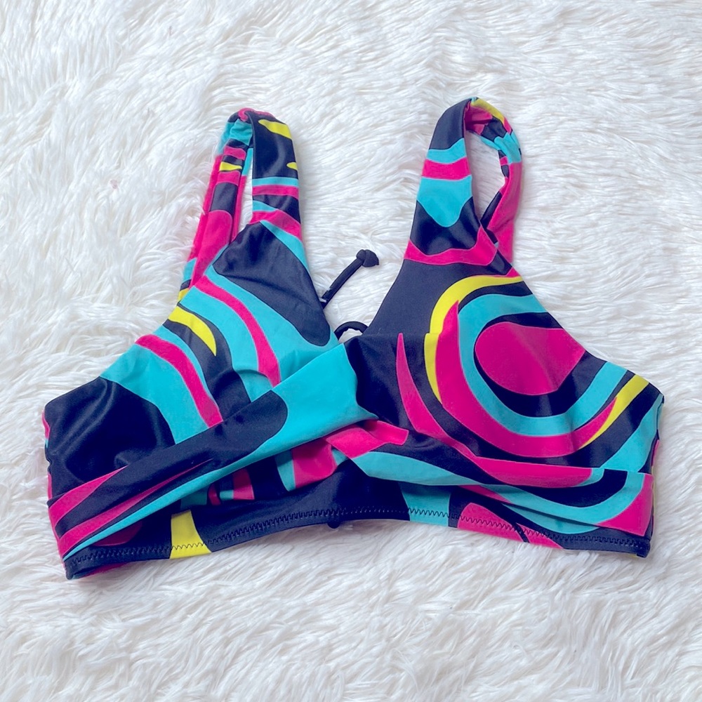 Pink Green Yellow Blue Swirl Criss Cross Bikini Top Size 10